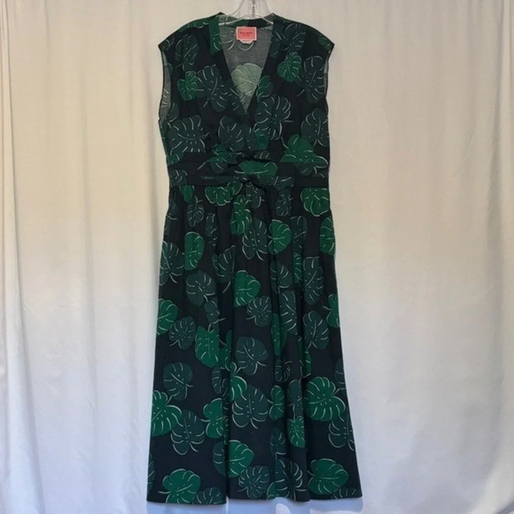 Kate Spade Monstera‎ Leaves Poplin Bow Midi Dress size 14